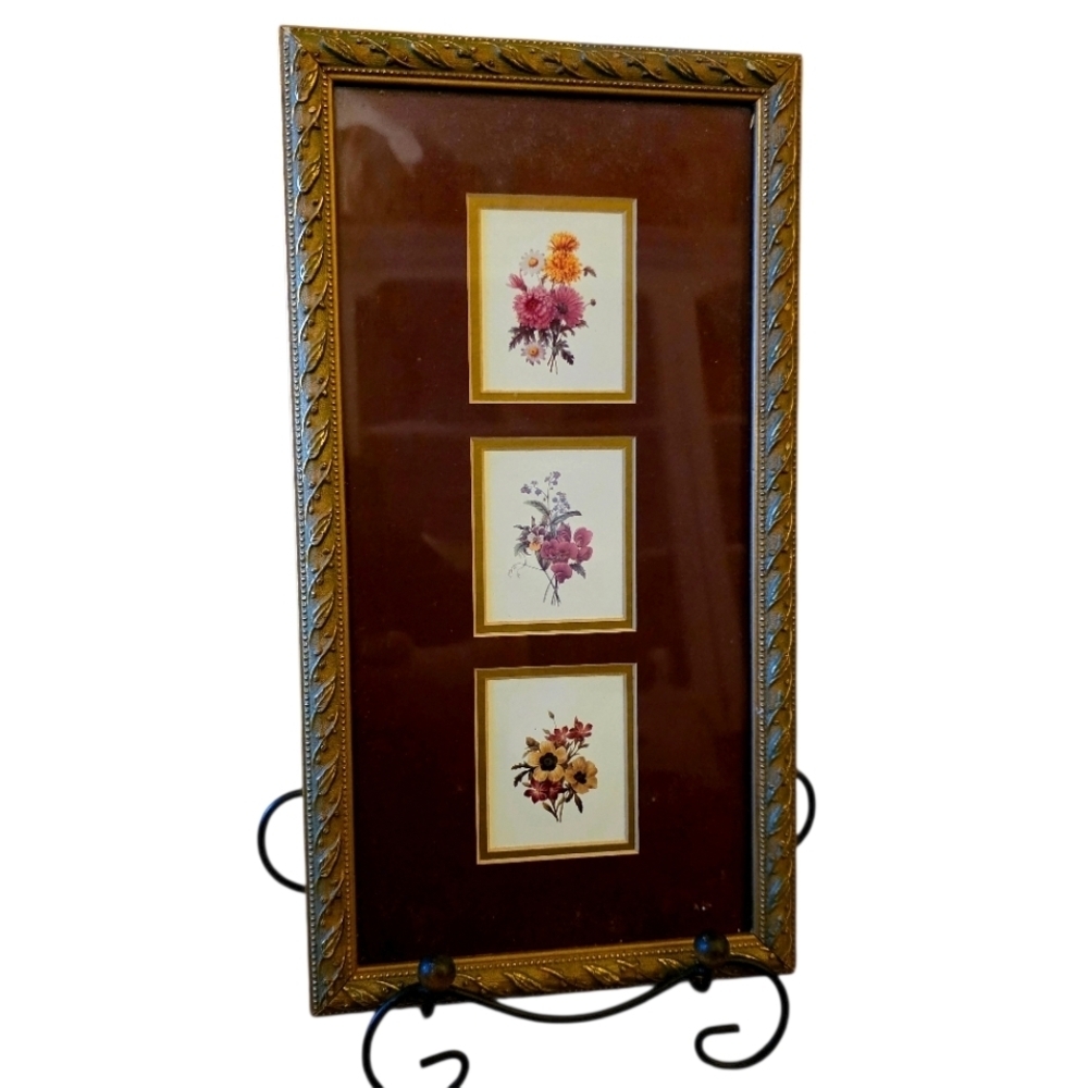 Floral Themed Triple Matted Prints  Single Frame Vintage Wild Flowers Rectangle